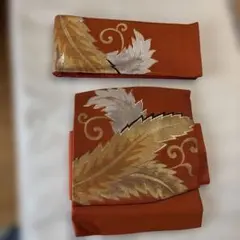オレンジ 葉の刺繍 作り帯