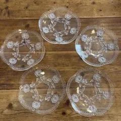 ローズ柄が素敵すぎるガラスプレート5枚セット　ケーキ皿