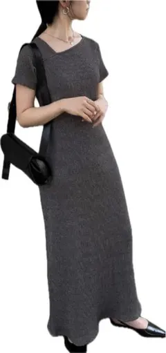 Ranan アシメネックハーフスリーブリブワンピース L