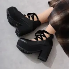 LOVEHUNTER ベルベット リボンレース 厚底パンプス ブラック LL