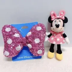 お顔厳選♡ ディズニー　ぬいぐるみバッジ　ピンク　リボン　ヘアゴム　水玉　ミニー