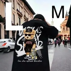 Lビック　Ｔシャツ　ストリート　韓国　ヒップホップ　クマ　ブラック　プリント