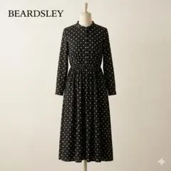 ビアズリー　ドット柄 バンドカラー ギャザー ロングワンピース ブラック １