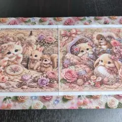 未使用　可愛い猫＆ウサギ＆栗鼠ちゃんパネル生地2枚＆薔薇チェリー柄生地
