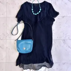 美品 アンタイトル シルク100%半袖シアーワンピース 42 ダークネイビー