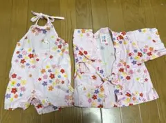ミキハウス　ベビーロンパース風甚平　セットアップ　ピンク　お花動物柄