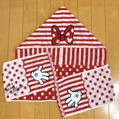 【レア!】ミニーマウスフード付きタオル　リボン・ミニーの手アップリケ　ロゴ刺繍