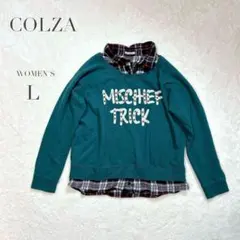 【コルザ】 チェック柄 トレーナー 重ね着風 大きめ ビックプリントカジュアル