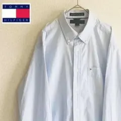 《トミーヒルフィガー》BDシャツ 刺繍ロゴ 古着 メンズ M 水色