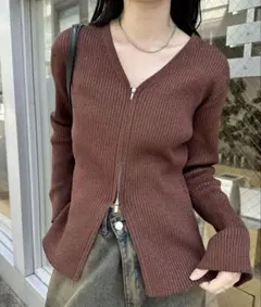 mystic 【細見えシルエット】 WZIPリブカーディガン ブラウン