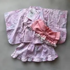 【新品】90 リボン花火柄　2ウェイ浴衣　ピンク　夏祭り　盆踊り　女の子