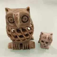 フクロウ親子石彫り置物 2体セット 透かし彫りミミズクレトロヴィンテージ