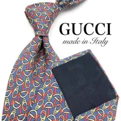 【美品】GUCCI ネクタイ パターン柄 金具柄 総柄 ブルー 青 レッド 赤