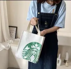 訳あり、海外スタバックス　トートバッグ　ランチバッグホワイト色