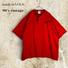 90s USA製 ヘンリーネック Tシャツ XL 刺繍 古着 アメカジ ワーク