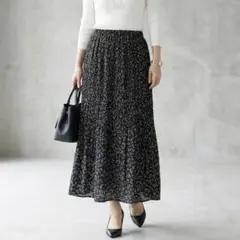 G3032*ナノユニバース☆花柄☆マキシ丈☆ロング☆スカート☆黒ブラック 白☆F