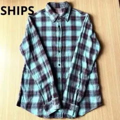 シップス　ships フランネル長袖シャツ ミントグリーン紫色 チェックシャツ