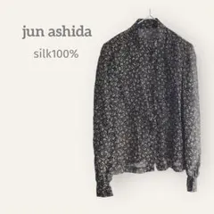ジュンアシダ　【11】フルジップ　シルクブラウスジャケット　黒　黄色小花柄　薄手