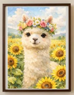 【水彩画アート】向日葵畑での花冠をまとうアルパカ 2L版写真用紙