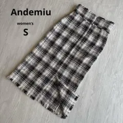 【Andemiu】ツイードタイトスカート チェック柄 フリンジ ロング丈 S