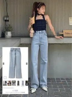 フリンジヘムセミフレアデニムパンツ　GRL