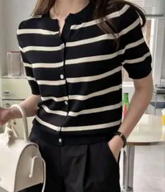 Dazy ストライプ ボタンフロント 半袖ニットカーディガン