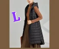 軽くて暖かい フード付　中綿ロングベスト　ジレ　すっきり細見え L