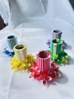 ハンドメイド 折り紙 ペン立て ブルー系
