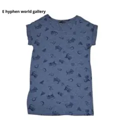 イーハイフン 総柄 フルーツ Tシャツ ブルー系 フレンチスリーブ M相当