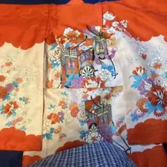 お宮参り用 初着 産着 御所車 牡丹 菊 朱色 中古のポリエステル製のサムネイル