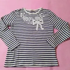 ニットプランナー　長袖カットソー 　ネイビーホワイト　ボーダー リボン花　150