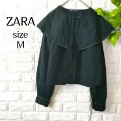 【ザラ】黒 長袖 ブラウス M 大きい襟 エレガント トップス 無地 ZARA