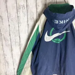 神配色 90s NIKE ナイロンジャケット 紺 緑 白 刺繍 スウッシュ