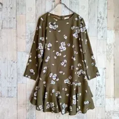 フレイアイディー　フレアワンピース　花柄　長袖　オリーブ　後ろジップ