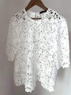 【美品】ZARA レーストップス　ホワイト 半袖/五分袖