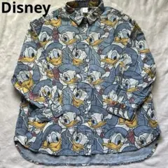 【美品】ディズニードナルド デイジー 総柄 インディゴ シャツ デニム風