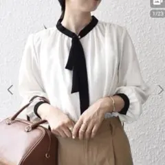 美品✨SHIPS シップス パール ボウタイショートスリーブブラウス 