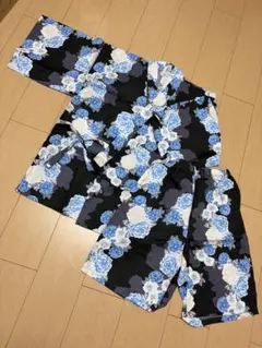 花柄甚平 黒地 青白