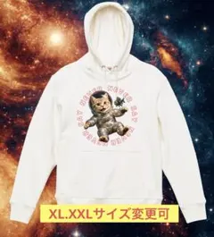プルオーバー パーカ（裏パイル）　XL オフホワイト 宇宙　猫