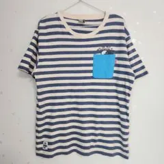 チャムス CHUMS ボーダー Tシャツ L ネイビー 水色 ポケット付き 半袖