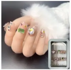 ネイルチップ ショート ピンク ベージュ 10枚入 ハート ストーン ビシュー