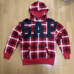 GAP チェック パーカー L 赤 ビッグロゴ 裏ボア フーディー