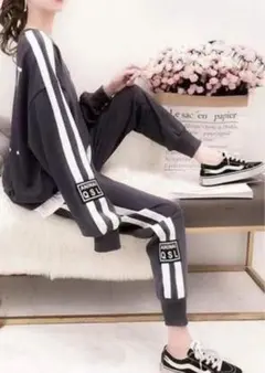 [a474] ブラック ストライプジャージ上下セット