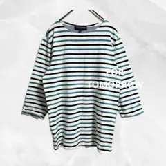 b891【フォートゥモロー】ボーダーカットソー七分袖ゆるカジュアル綿100%