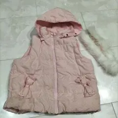 ピンク ドット柄 フード付きダウンベスト
