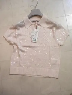 新品◆リナシメント◆知的ライトベージュにクリアスパン飾り！着心地のいいポロニット
