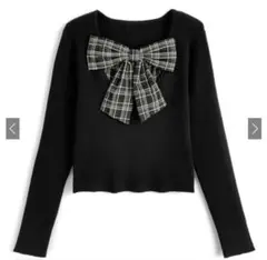 チェック柄リボンドッキングリブニットトップス[gn548]