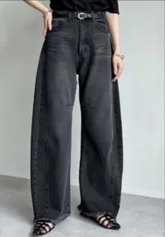 Re:EDIT リエディ 裾フリンジバレルレッグデニムパンツ Sのサムネイル