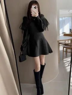 リボン付き黒ニットワンピース