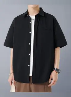 [W Wonyo] しわ加工 半袖シャツ メンズ 涼しい 夏服 ブラック　2XLのサムネイル